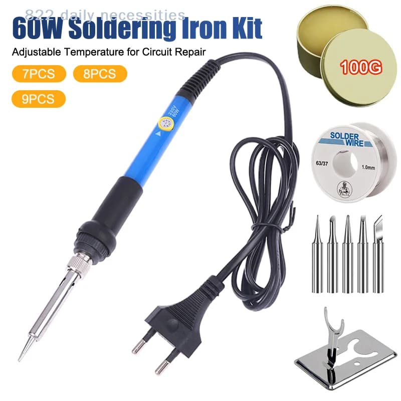 Adjustable Temperature Electric Soldering Iron 220V 60W Set - 1/3/5/7/8/9Pcs Welding Solder Rework Station with Heat Pencil Tips