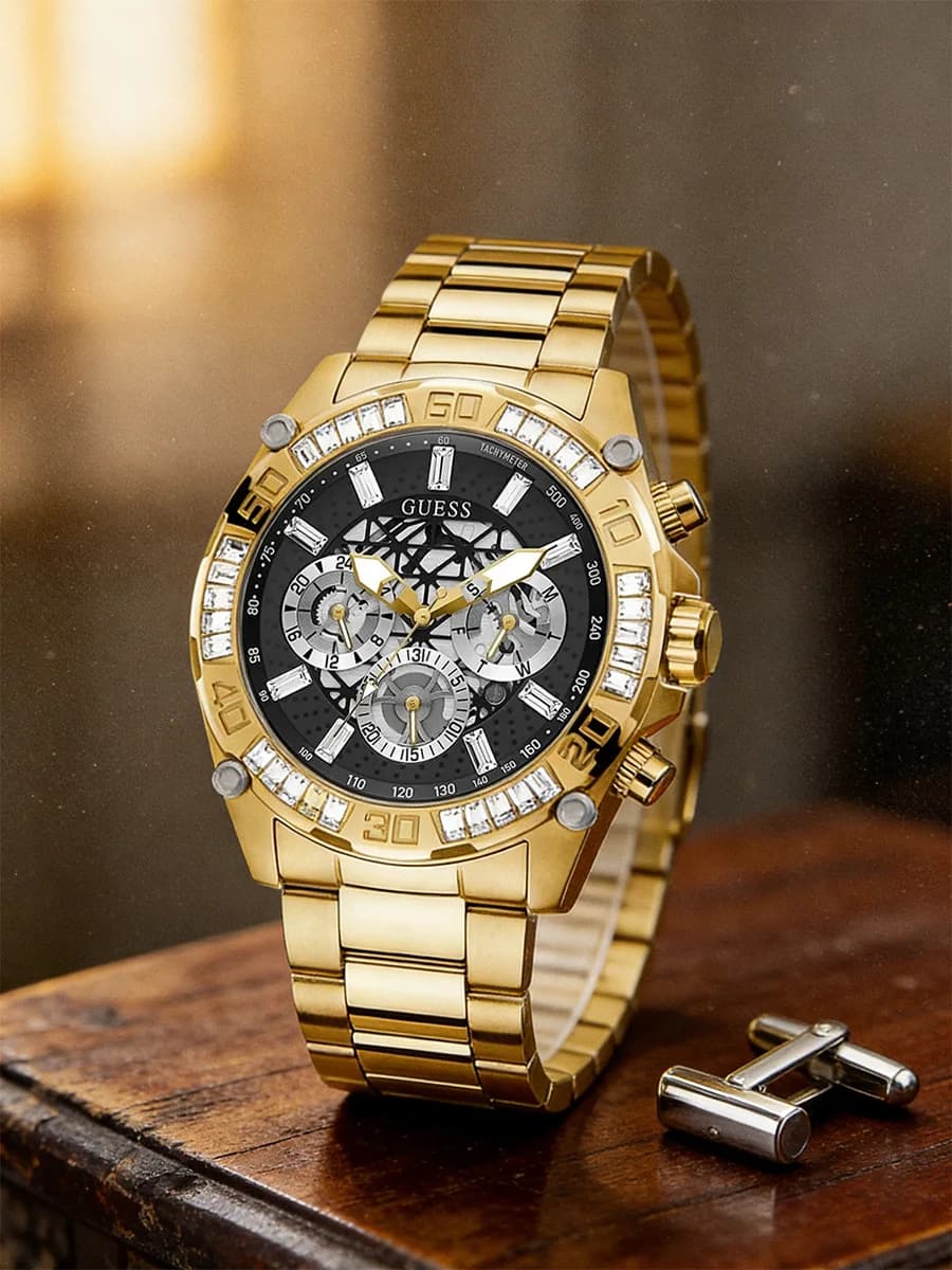 GUESS GW0390G2 Men Chronograph Quartz Watch Gold Stainless Steel Crystal Bezel Skeleton Dial Party Business Father Gift
