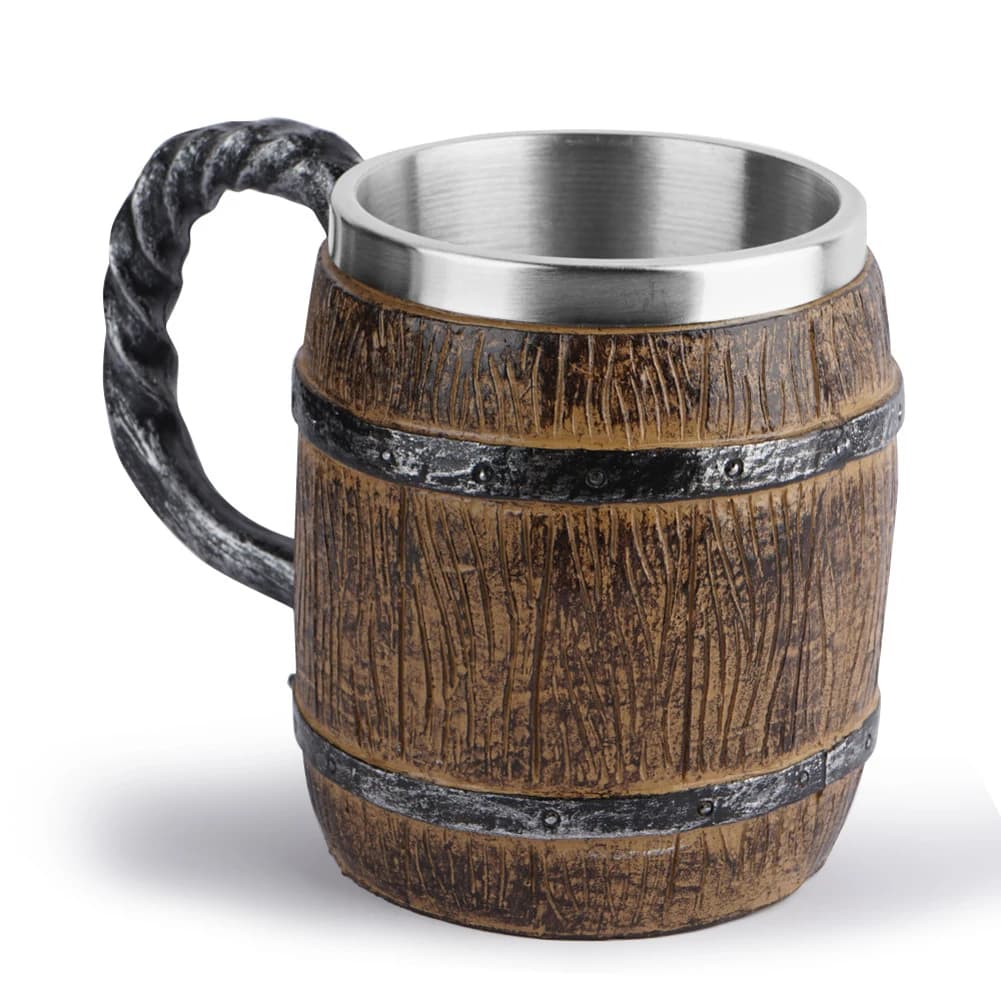 Tazza a Forma di Barile in Legno Simulato, Boccale da Birra a Doppia Parete in Stile Legno, Creativo e Portatile in Resina e Acciaio Inossidabile per Arredamento Bar