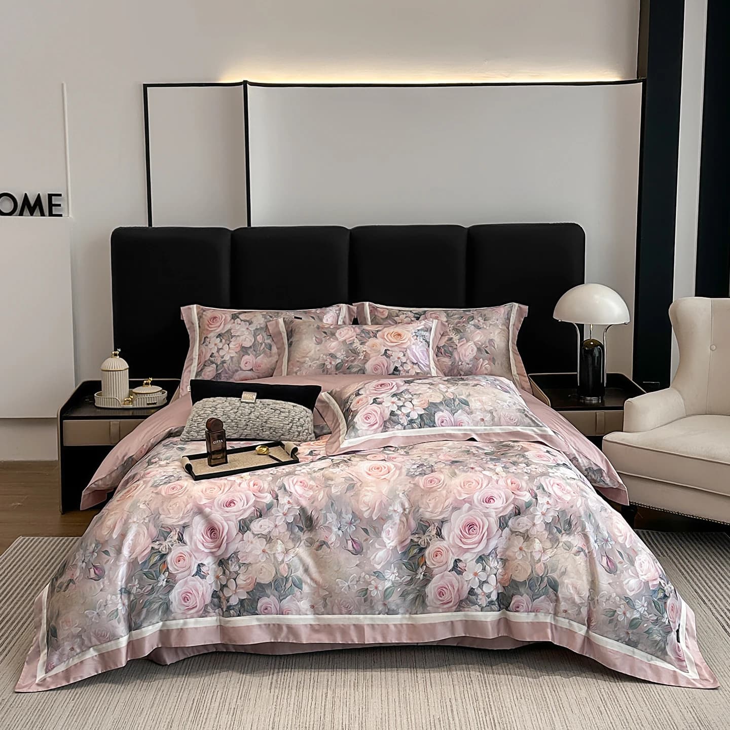 Luxury Queen King Size Bedlinen Set with Floral Print Set Soft Cotton Lyocell 600TC Sheet Flat/with Corners Faithful 4 Pieces