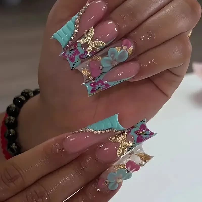 24 Pezzi Unghie Finte Lunghe a Coffin Marroni con Glitter, Design Francese, Unghie Finte a Pressione Completa, Punte per Unghie Artificiali