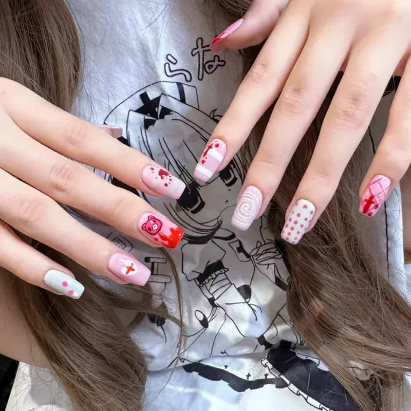 Pink fake nails with Bearbrick bear, average length, stickers for nail art theme cartoon, niche design, fake nail whitening for woman