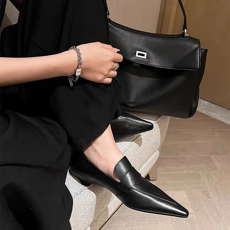 Scarpe singole da donna con tacco basso a punta versatili vintage francesi; pendolarismo slip-on eleganti tacchi alti da donna.
