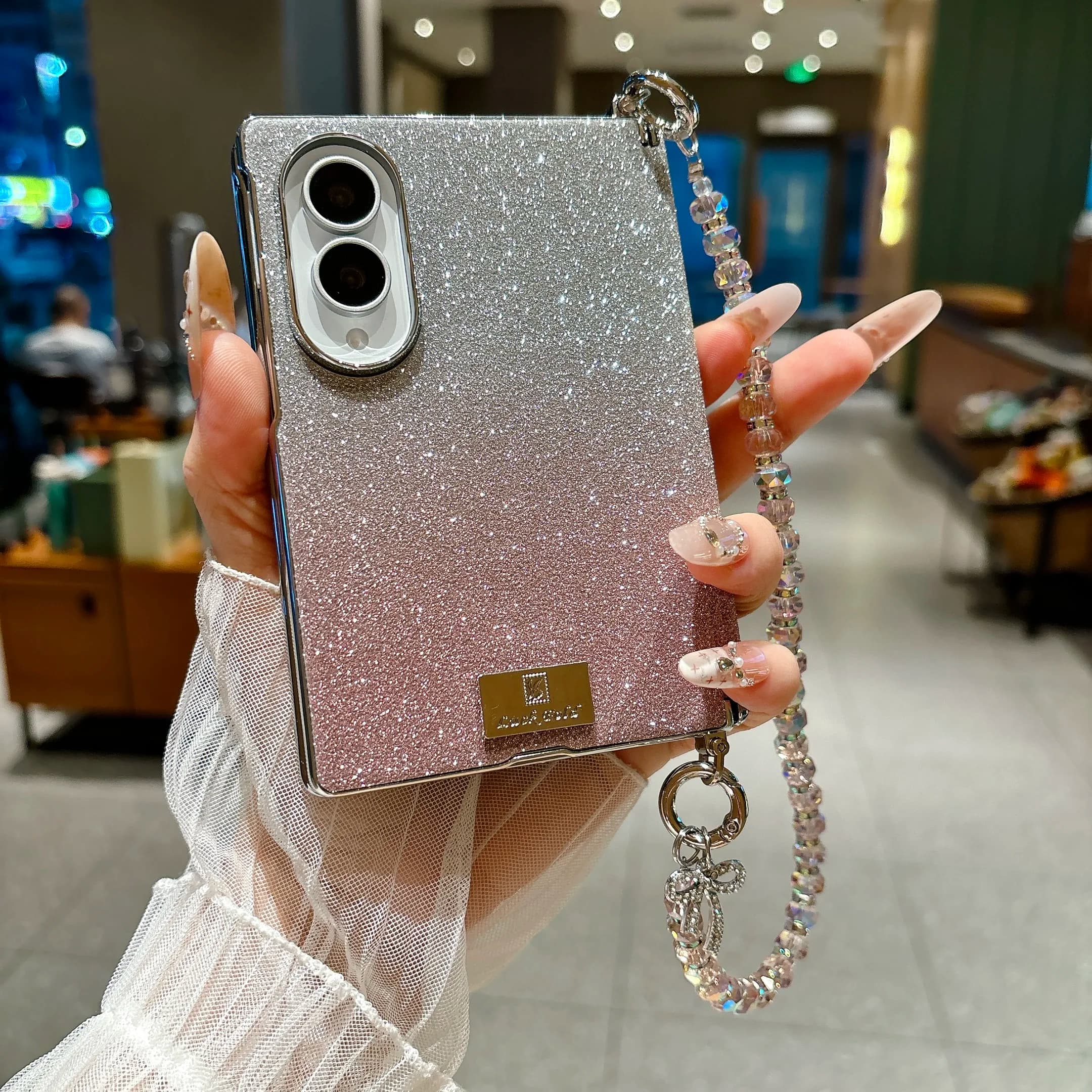 Luxury Fashion Gradient Glitter Leather Phone Case for Samsung Z Fold 8 Wide Hinge Protection Shockproof With Wrist Strap Cover