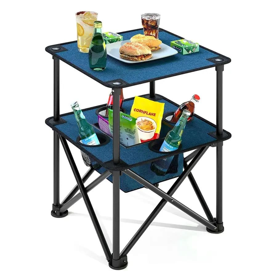 Foldable camping table, portable outdoor picnic table, light square camping table with 4 integrated cup holders, food basket and camping table