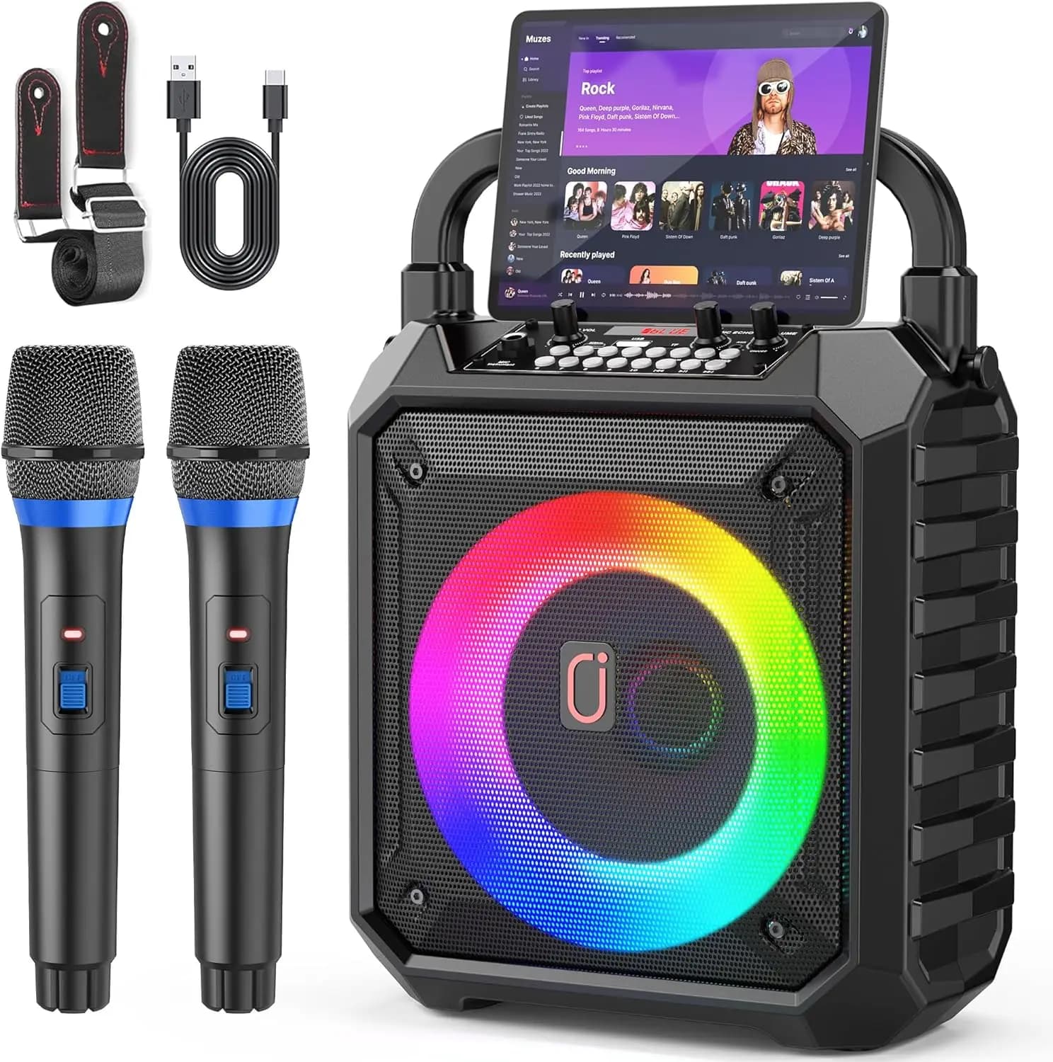 Macchina per Karaoke Portatile con Microfoni Wireless, Altoparlante Bluetooth, Luci LED per Feste e Divertimento in Famiglia
