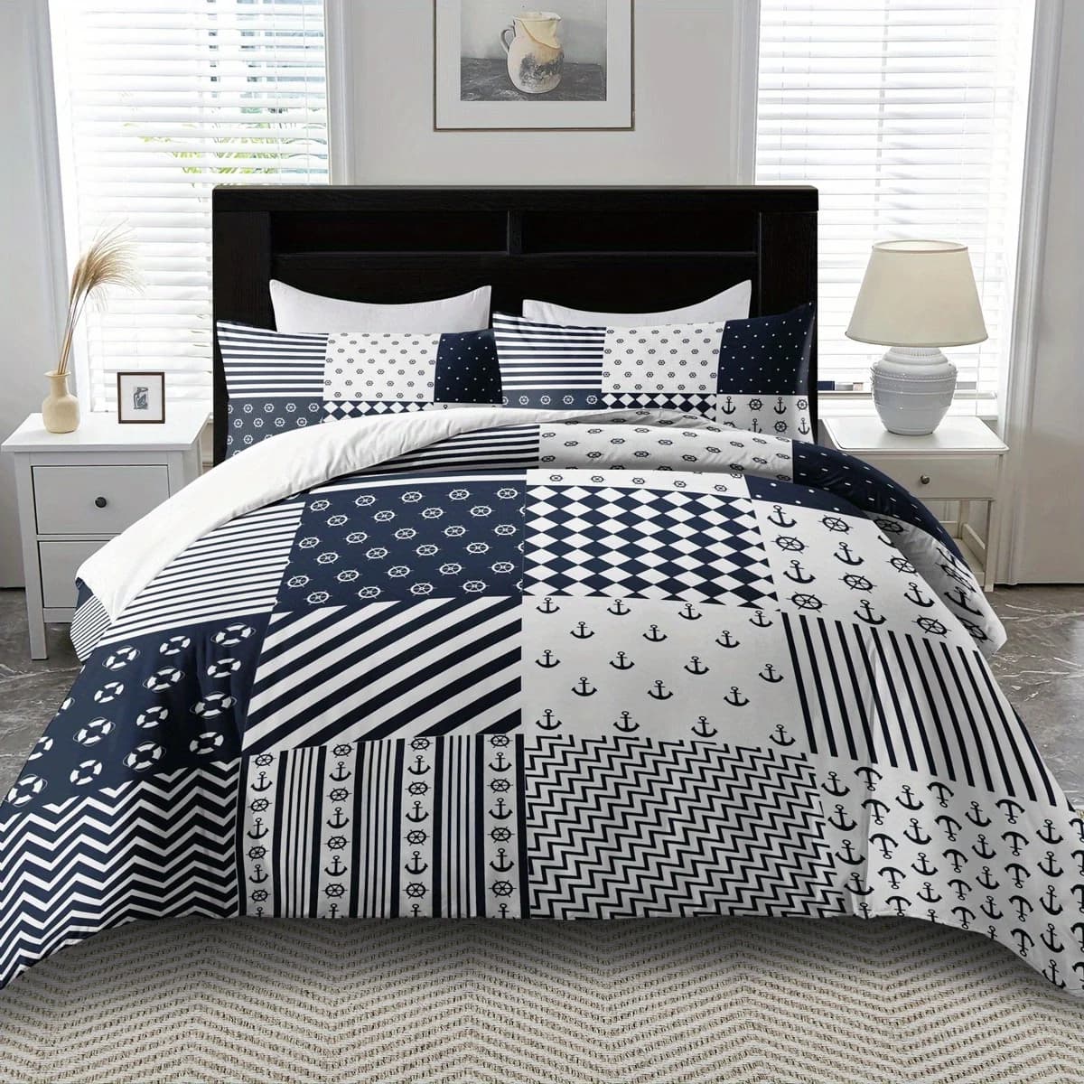 Set copripiumino a tema nautico 2/3 pezzi, set biancheria da letto con stampa geometrica traspirante e morbido e confortevole, modello di ancoraggio dei cartoni animati, 100% poliestere