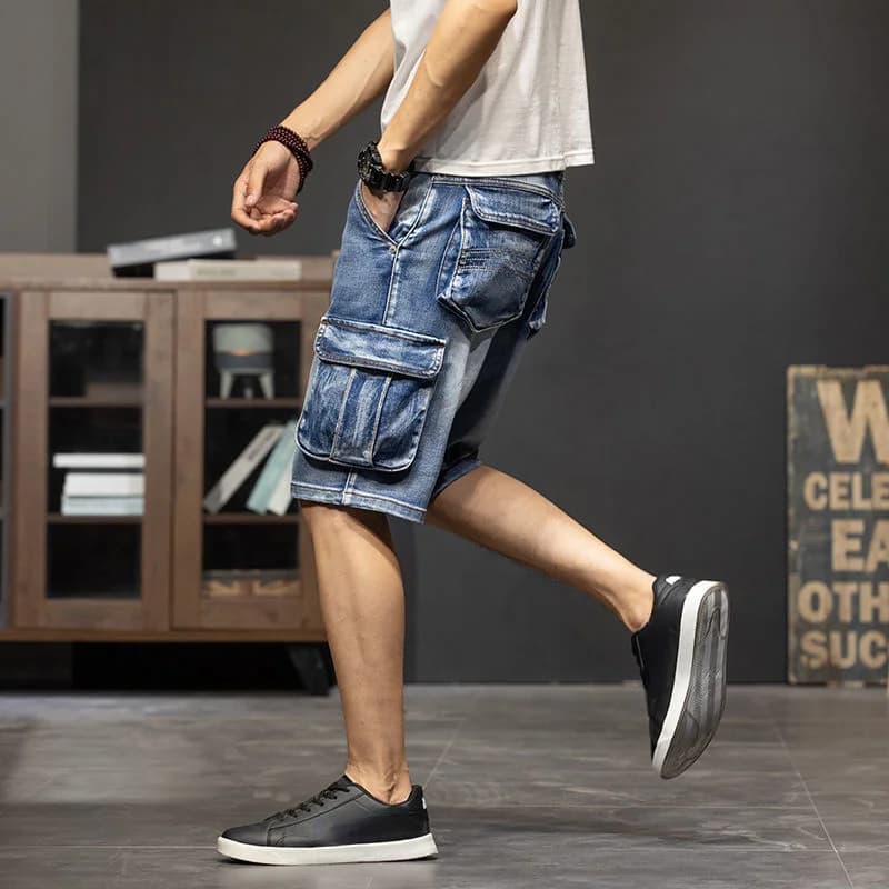 Men's cargo jeans shorts on the knee Bermuda semi long shorts Men's short jeans pants with pockets Luxury Blue Jorts Thin Streetwear Xl