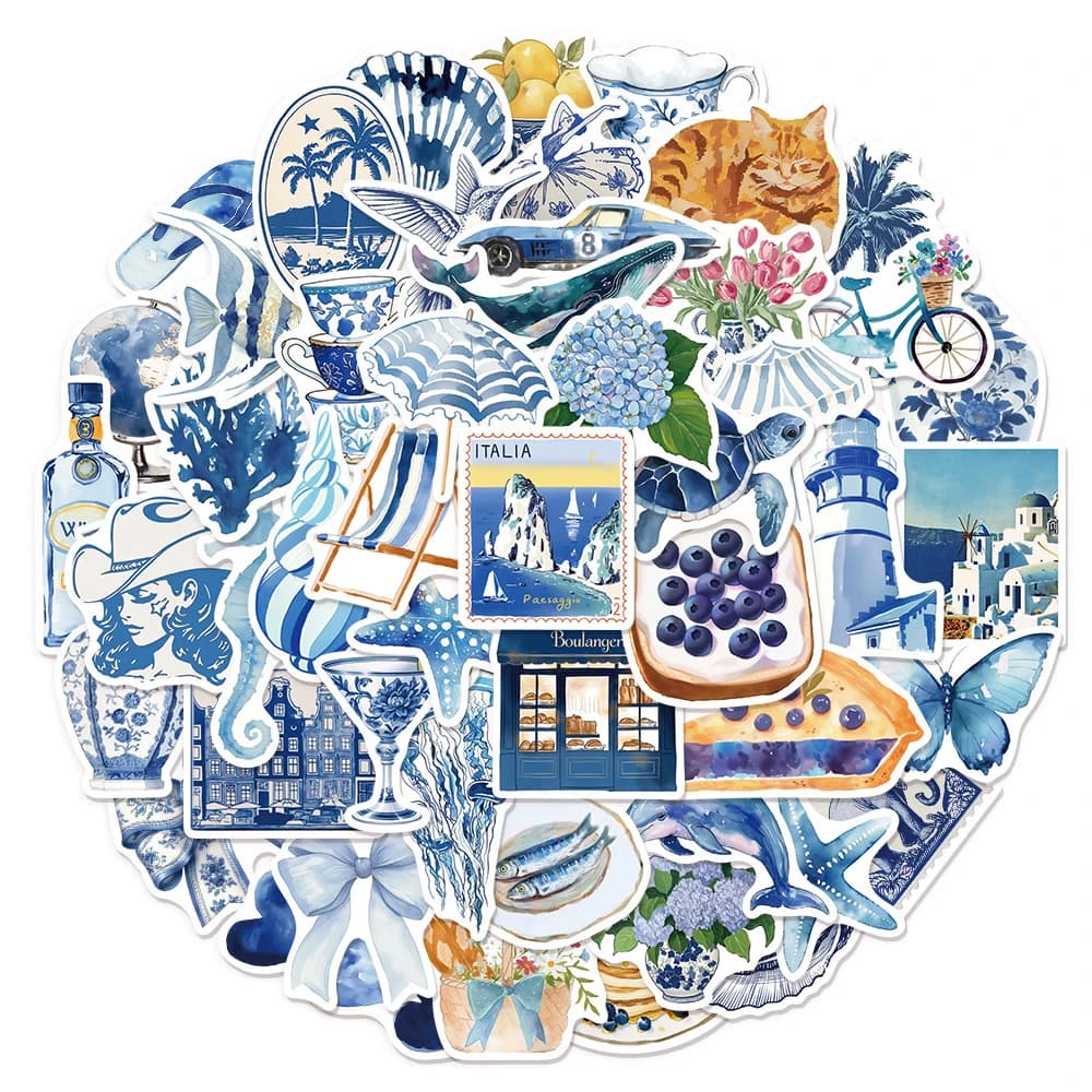 10/30/50 Pezzi Adesivi Carini Stile Ins Blu Spiaggia Cartone Animato, Adesivi Estetici Artistici Graffiti per Telefono, Notebook, Bagagli, Decorazione