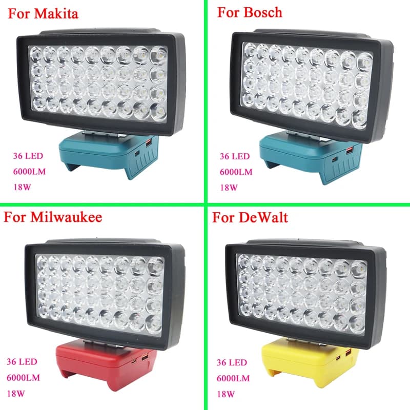 36 LED Lampada da lavoro per auto Torcia elettrica Torcia USB Power Bank per Makita Per DeWalt Per Bosch Per Milwaukee HongSong Lampada a batteria agli ioni di litio