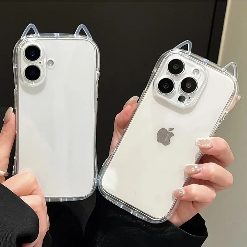 Cute Cartoon Cat Ear Silicone Case For IPhone 18 17 Air 15 16 Pro Max 14 12 11 13 17 Pro Shockproof Transparent Cover Girl Women