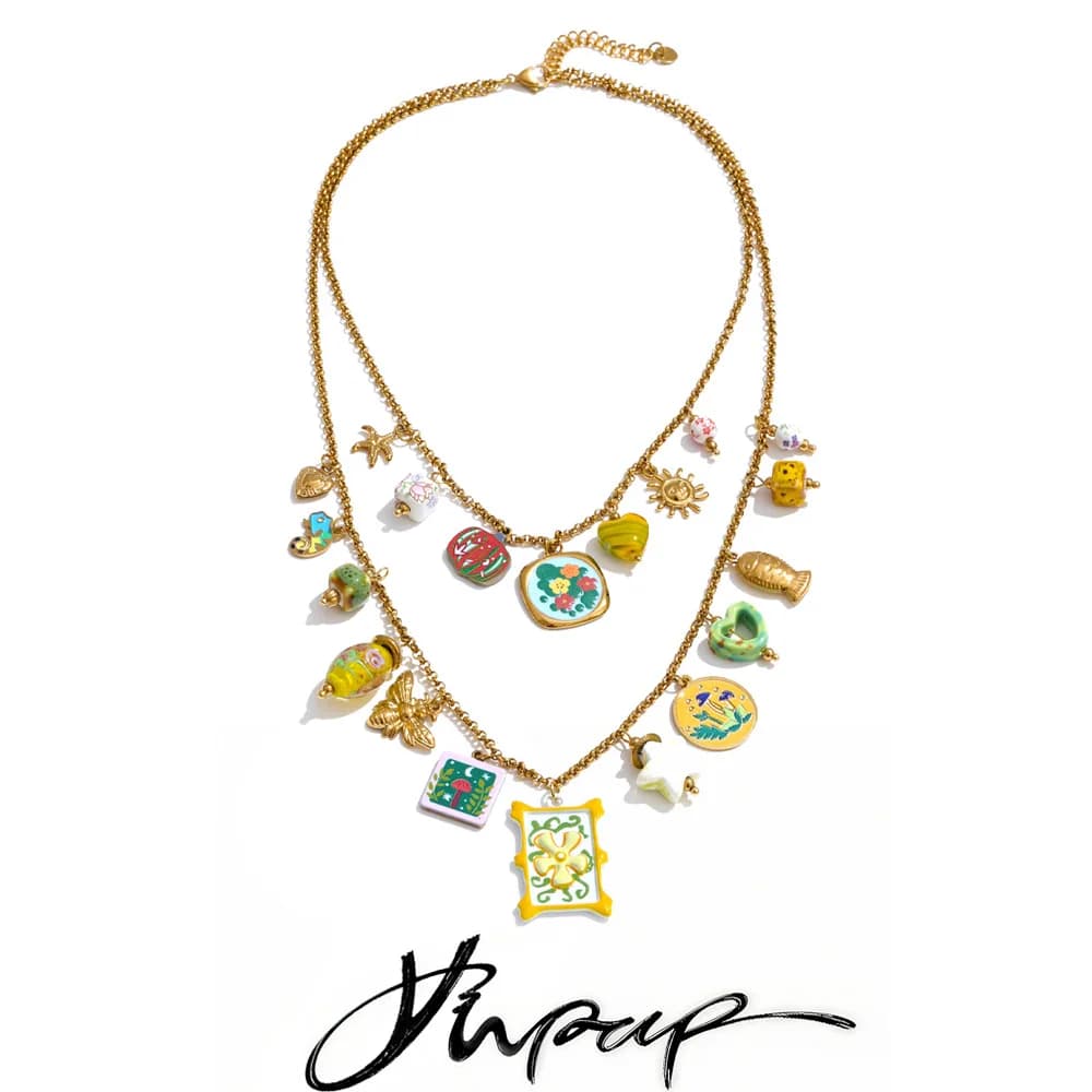 Yhpup 2026 Exclusive Stainless Steel Flower Fish Star Heart Drop Charm Stacking Necklace Double-Layer Chain Fashion Jewelry