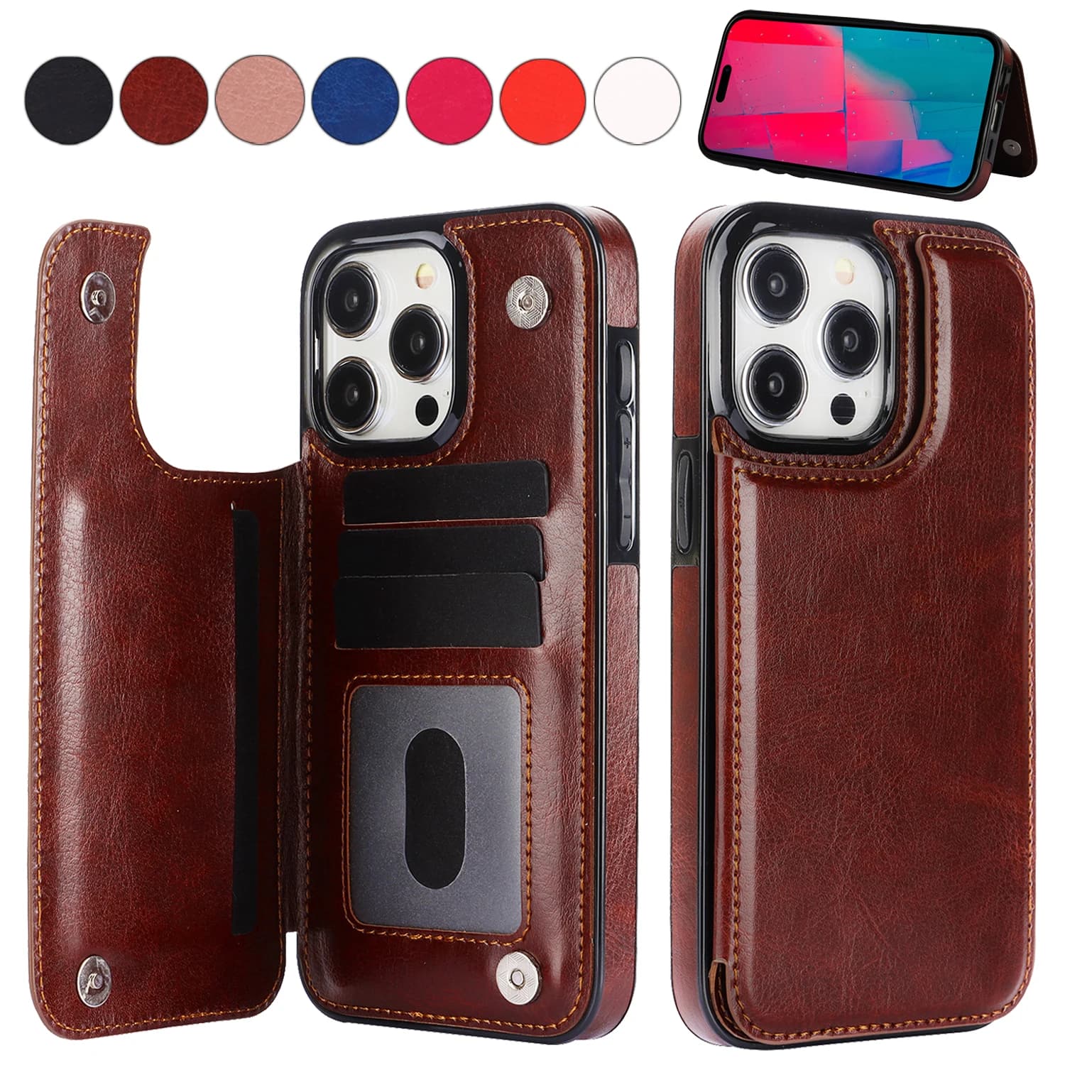 Portafoglio doppia fibbia con slot per schede custodia in pelle con vibrazione magnetica per iPhone 16 Pro Max 16e 15 Plus 14 13 Mini 12 11 X XR 8 7 Cover