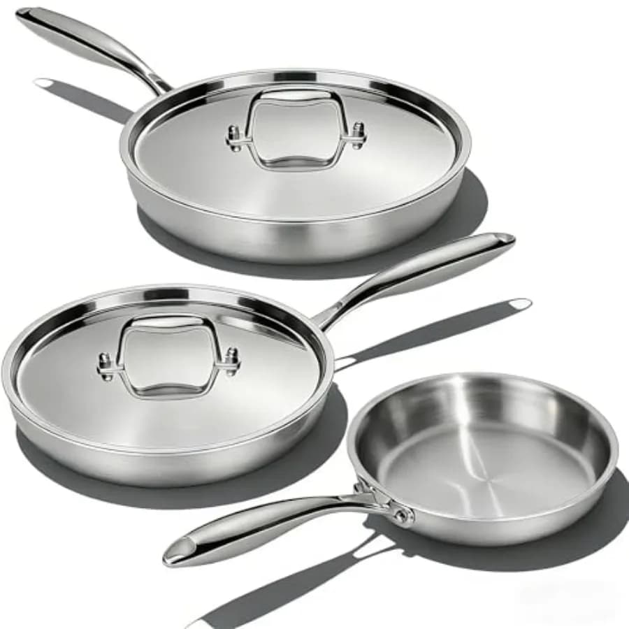 Set di Padelle in Acciaio Inox con Coperchio, 3 Pezzi, Include Padelle da 8, 10 e 12 Pollici - 5 Strati di Acciaio Inox - Resistenti e Professionali