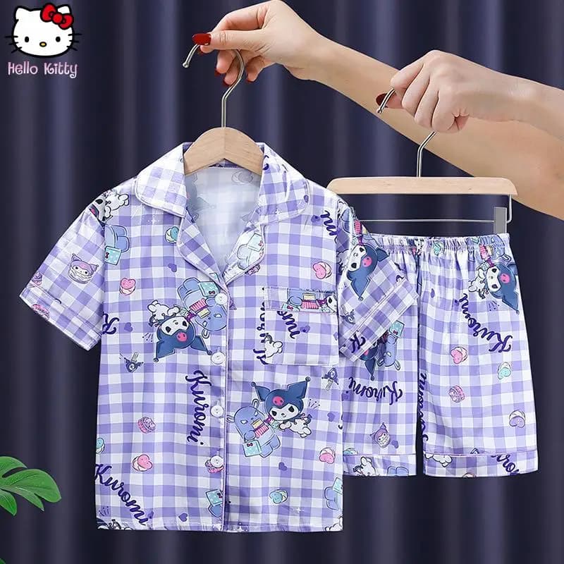 Pigiama per Bambine con Personaggi Anime, Set 2 Pezzi con Cinnamoroll, Hello Kitty e Kuromi, Maniche Corte e Pantaloncini, Abbigliamento Dolce per Casa