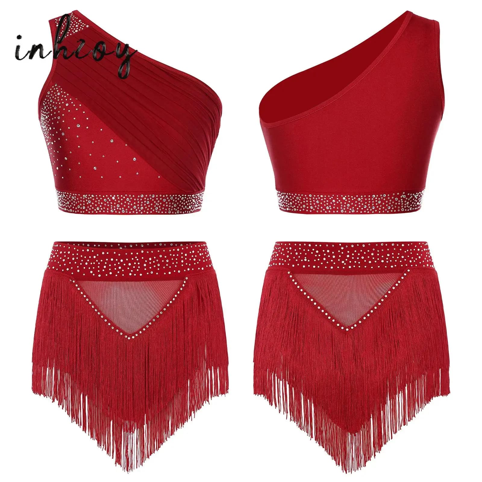 Abito da ballo latino Cha-cha da donna, pattinaggio di figura, monospalla, con strass, canotta increspata, top corto + pantaloncini con nappe, abbigliamento da ballo moderno