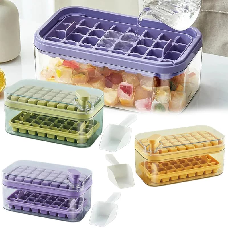Pressa per cubetti di ghiaccio Stampo per vassoio di ghiaccio in silicone a doppio strato 64 griglie con coperchio Pala Tipo pressa Scatola per la produzione di ghiaccio Scatola per la conservazione del ghiaccio Ghiaccio