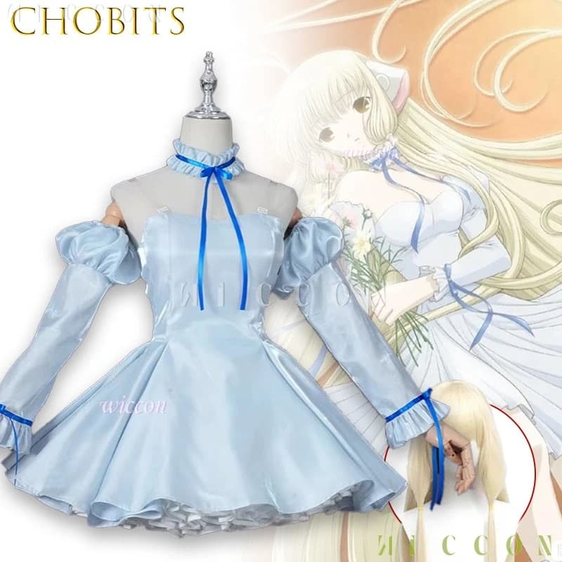 Costume Cosplay Completo Chobits Chi Blue Ribbon, Abito da Bambola Carina per Ragazze, Outfit per Feste, Halloween e Carnevale