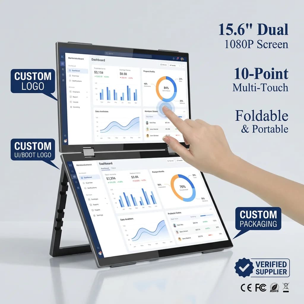 Custom 15.6 Inch 1080P IPS Triple Mobile Folding Dula Screen Monitor Touchscreen Built-in VESA Stand Portable Laptop Type C