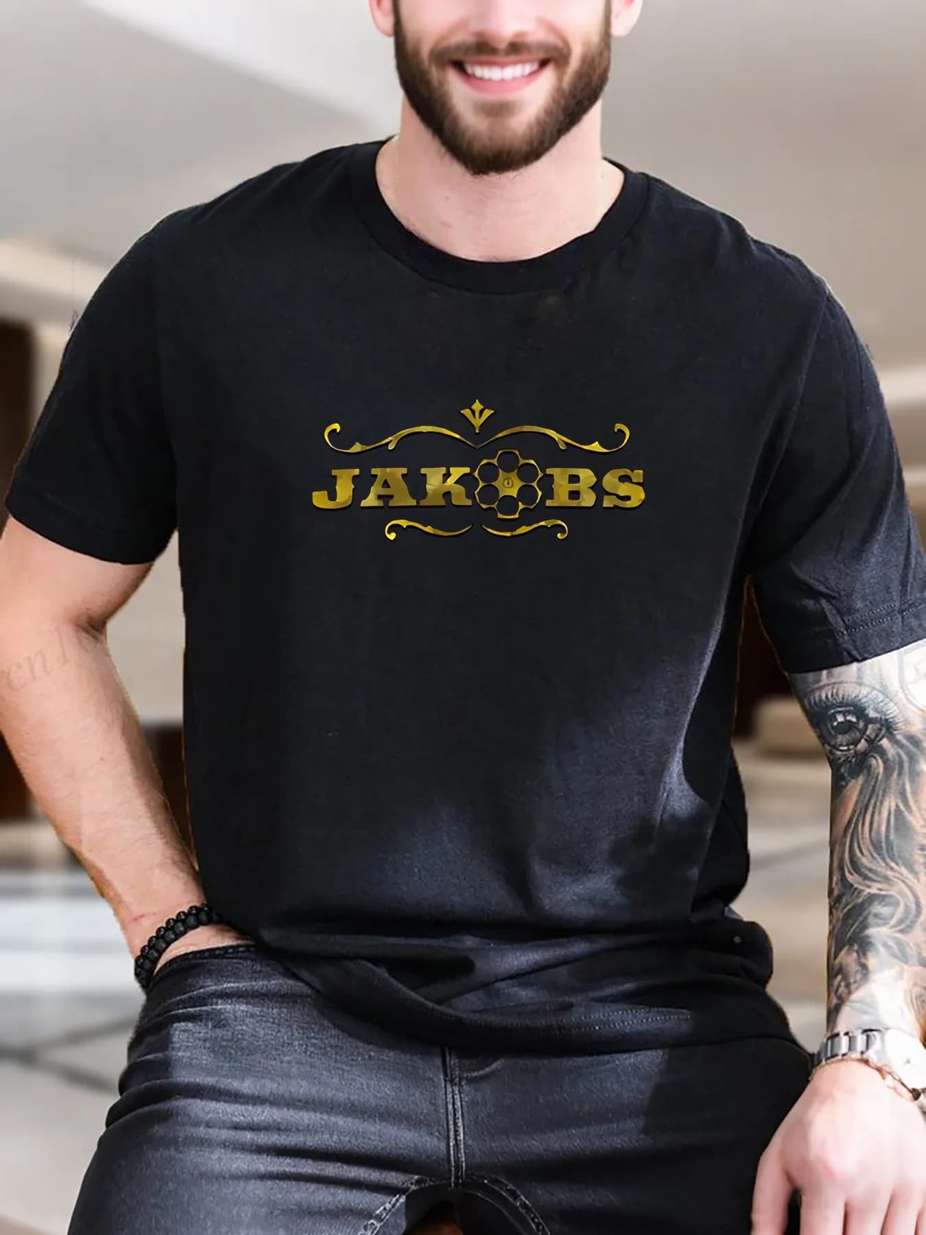 T-shirt stampata in cotone da uomo - Design trendy Jakers Gold Sign, traspirante e confortevole per abbigliamento casual, maglietta morbida in puro cotone, S