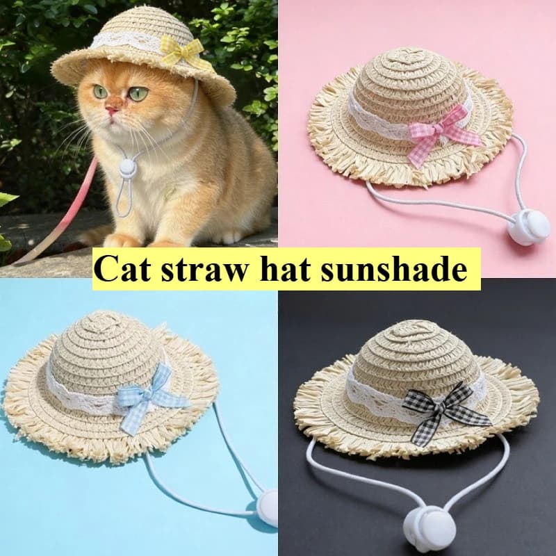 Cappello da sole per gatti in paglia con fiocco in pizzo, regolabile, per esterni, in materiale ecologico, per la toelettatura degli animali domestici