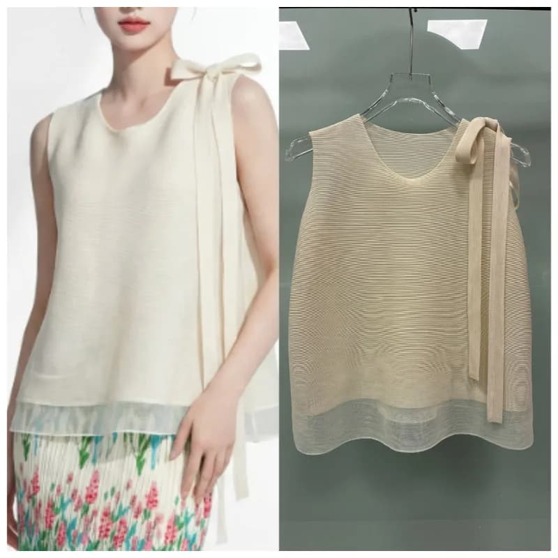 Miyake Pleated T-Shirt Fashion Mesh Double Layer Pleats Top 2026 Summer New Style Elegant Versatile Solid Color Sleeveless Vest