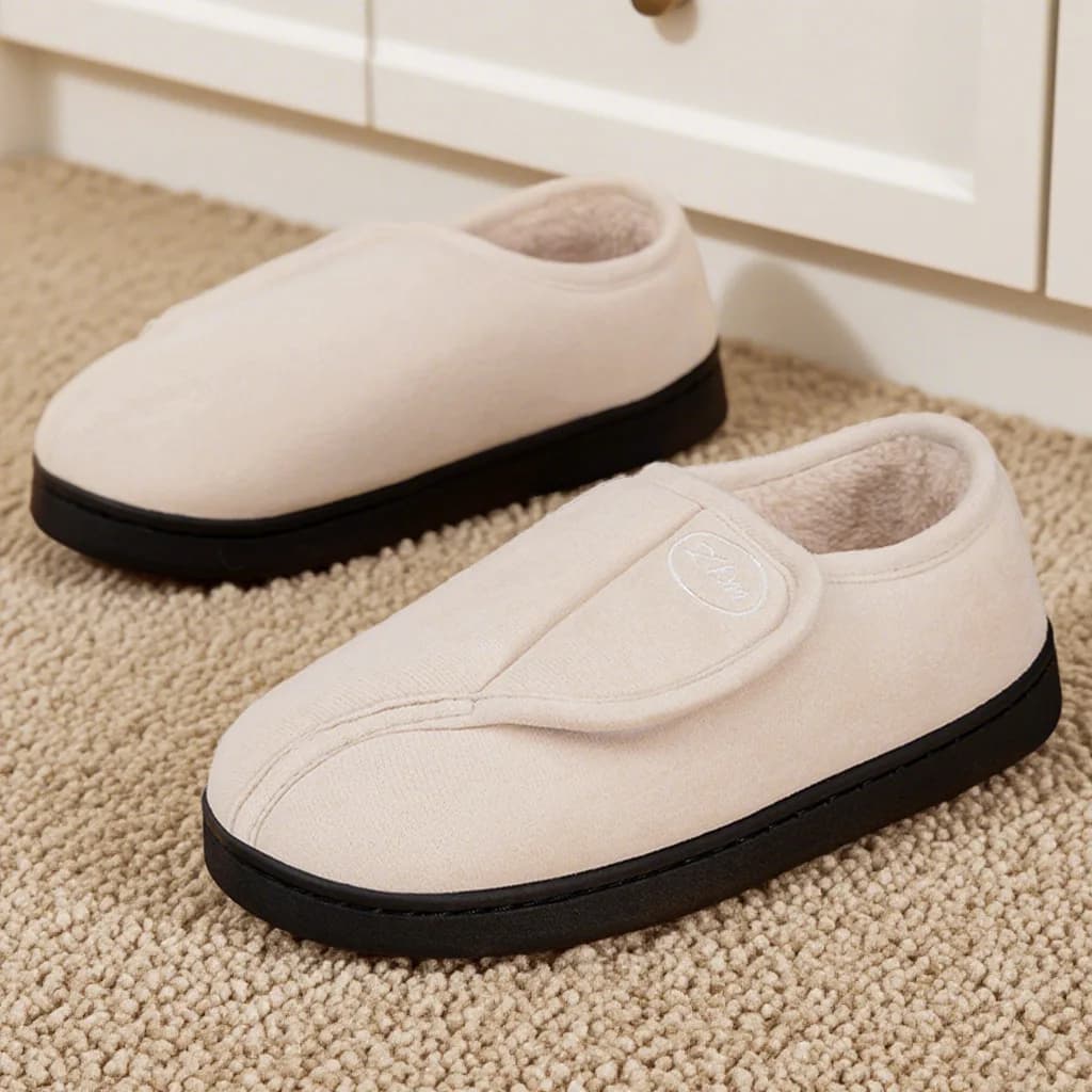 Men Adjustable Velcro House Slippers Winter Fuzzy Fleece Warm Non Slip Closed Back Indoor Home Shoes Elderly Bedroom Footwear