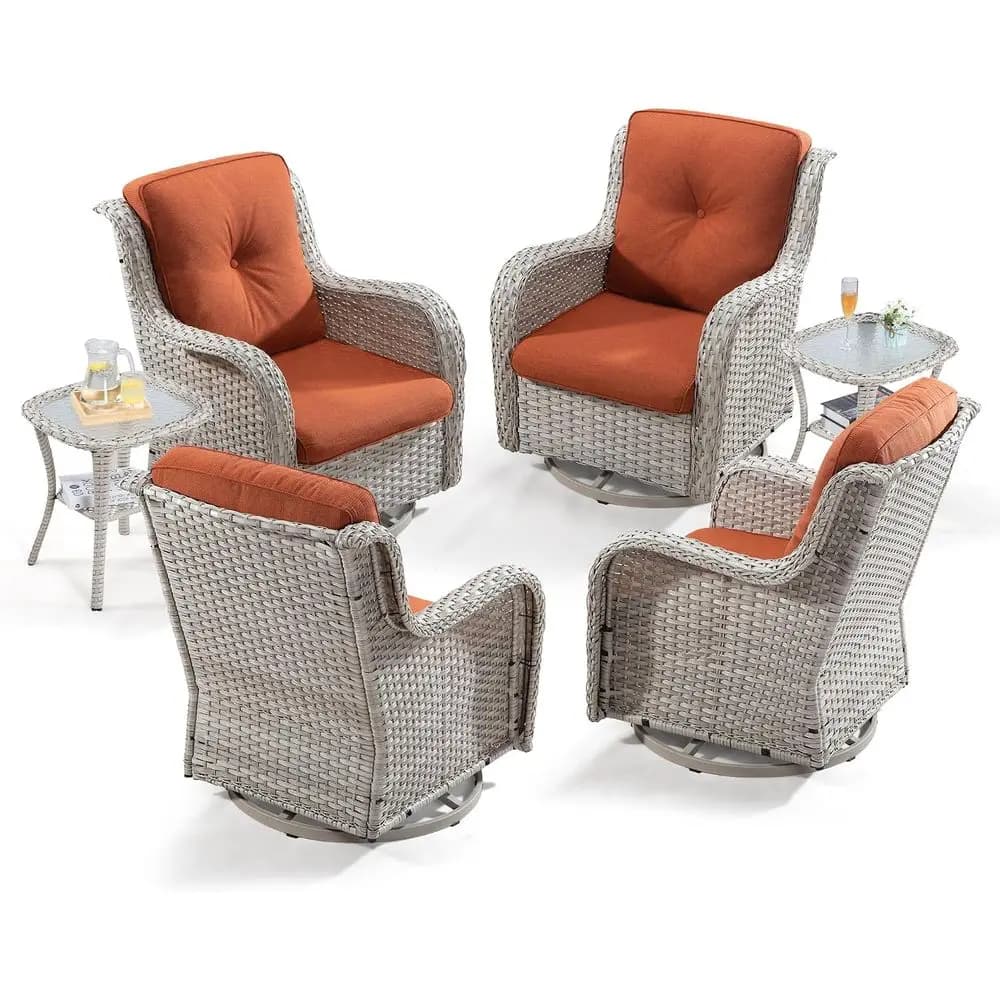 4-Piece Outdoor Swivel Rocker Chairs Set with 2 Side Tables - Light Grey/Orange Cushioned Wicker Patio Conversation Set
