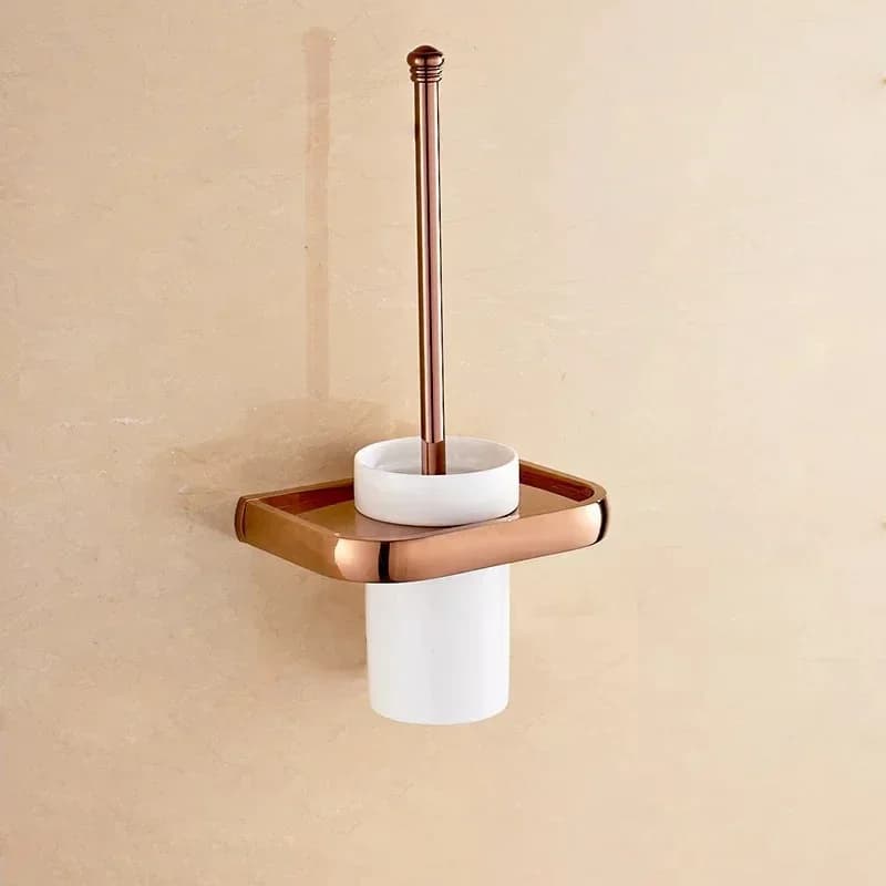 Rose Gold Toilet Brush Holder Brass Bathroom Hardware Set Wall Mounted Long Handle White Ceramic Cup Toilet Brush Rack