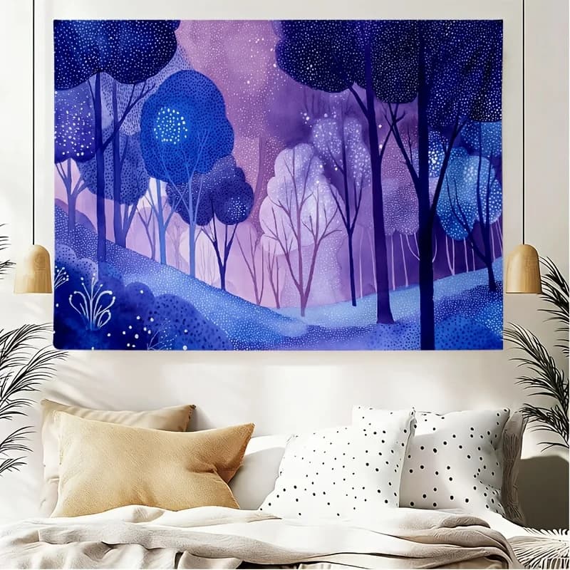 Deep Blue Forest Tapestry Wall Hanging Bohemian Boho Woodland Nursery Decor Polyester Art Abstract Moody Night Scene Backdrop fo