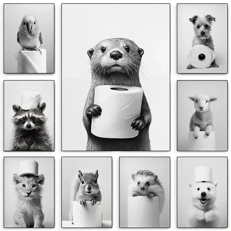 （2D Canvas painting） Retro Black White Animal & Toilet Paper Poster Lion Owl Cat Dog Canvas Prints for Living Room Bathroom L