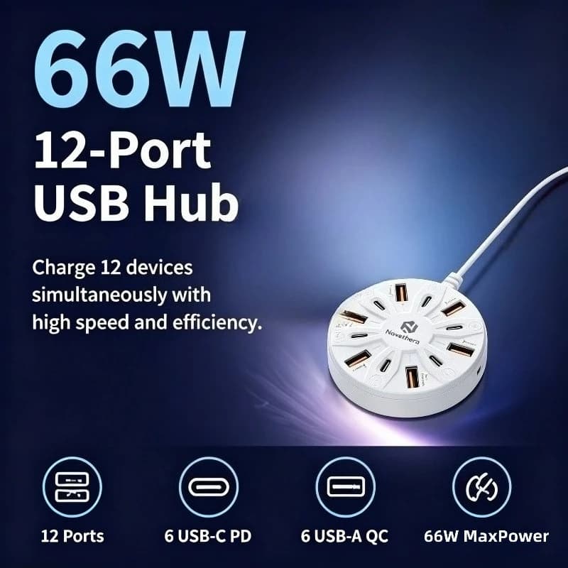 Round Multi Port USB Charging Station, USB A & Type C Multi-Device Desktop Charger Hub for Laptop, Phone, Tablet
