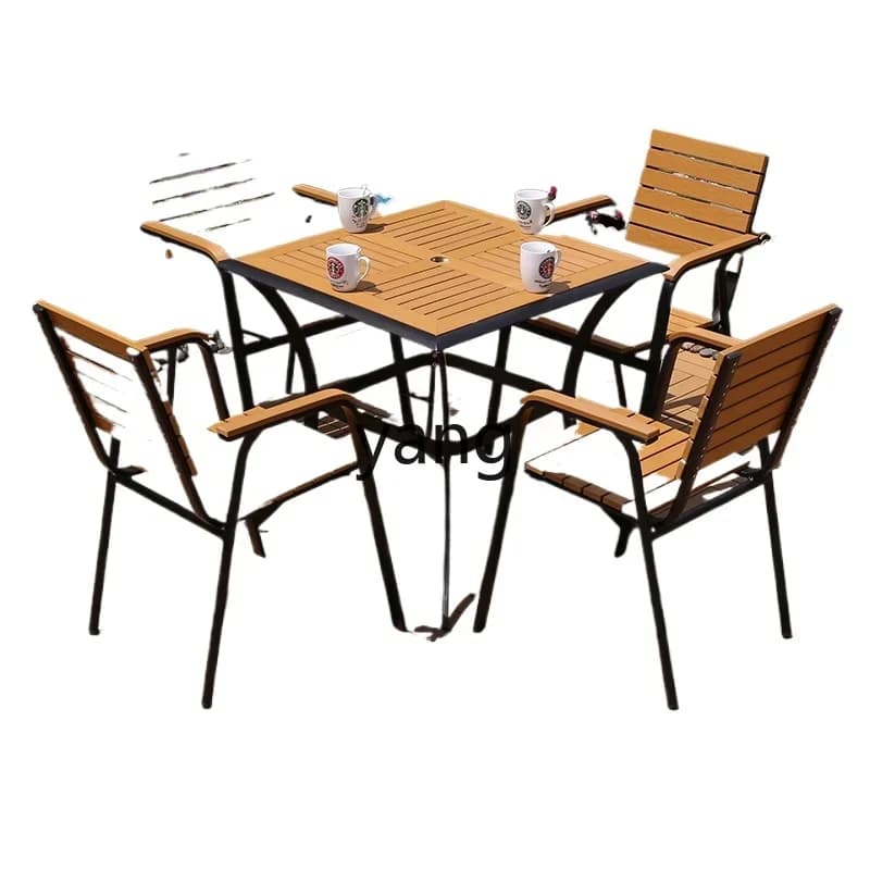 Tavoli e sedie da esterno in plastica e legno LTT, cortile quadrato da esterno in lega di alluminio impermeabile e con protezione solare