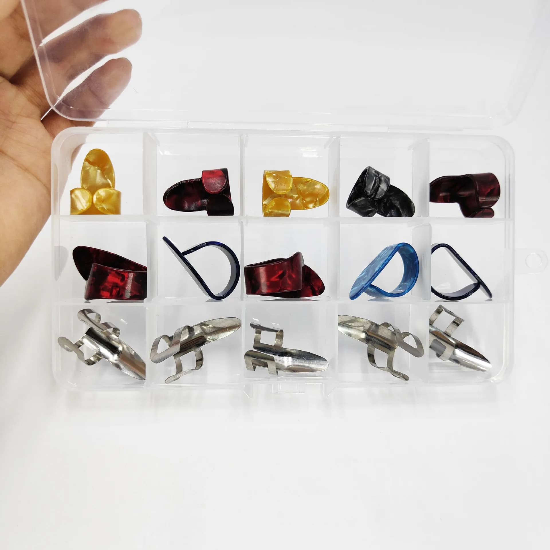 Guitar Finger Picks Set of 15 Metal & Celluloid Plectrums with Storage Box Perfect for Guitar/Bass/Ukulele Parts & Accessories