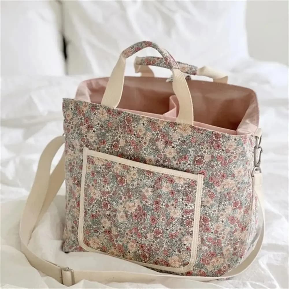 Borsa per mummia portatile con stampa floreale Borsa a tracolla in cotone multifunzionale Borsa leggera per pannolini Borsa per passeggino da donna