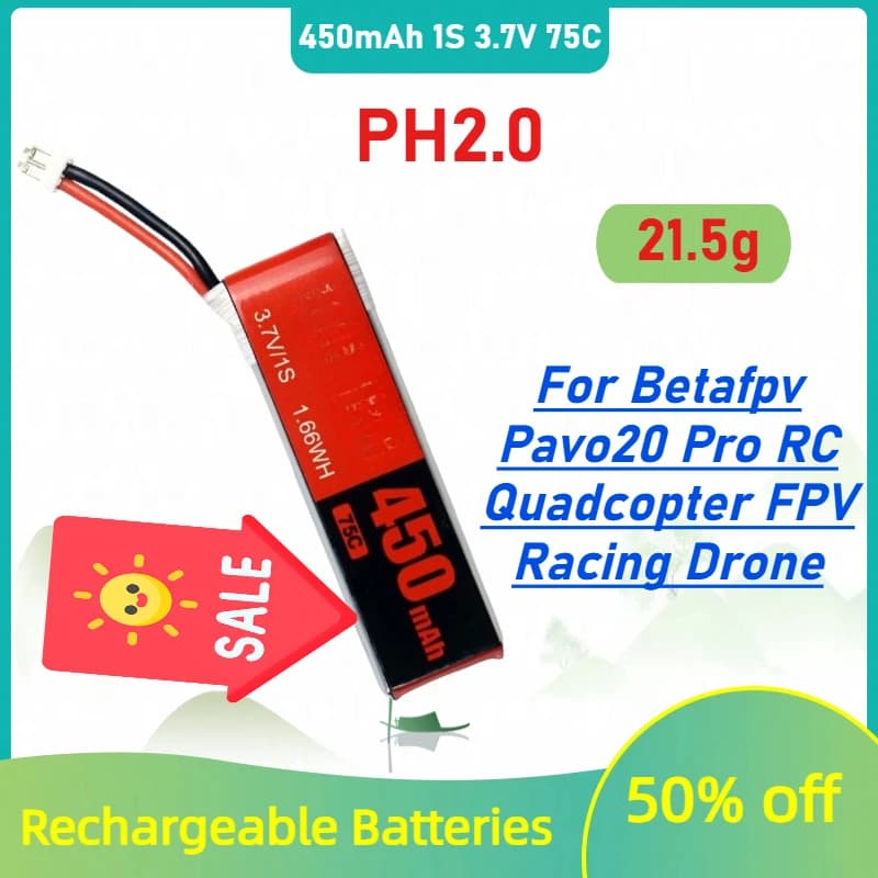 Batteria LiPo PH2.0 450mAh 1S 3.7V 75C per Drone da Corsa FPV Betafpv Pavo20 Pro RC Quadcopter