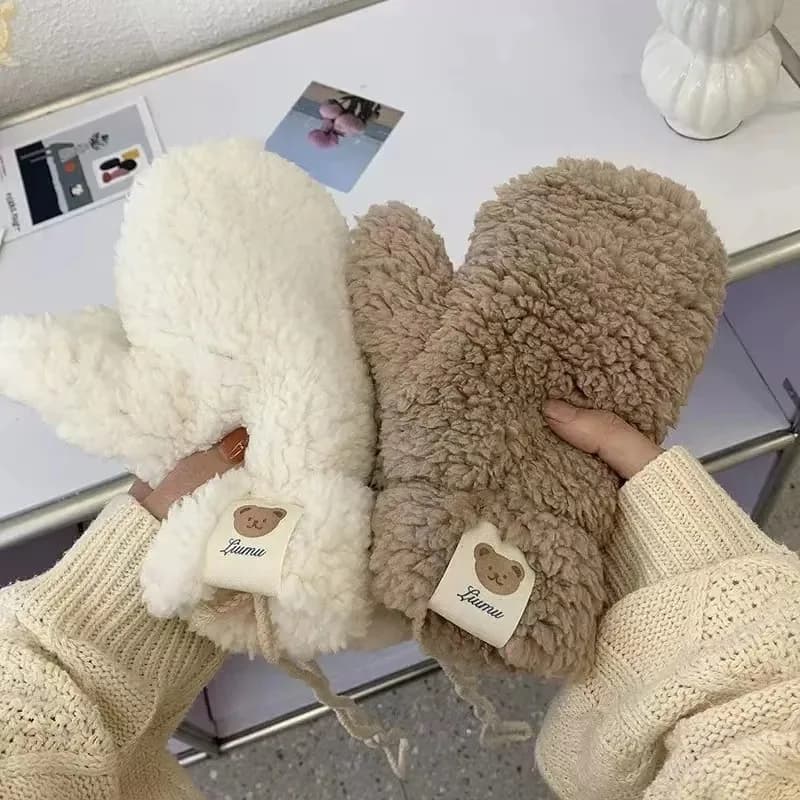 Guanti caldi, pelle di agnello invernale, orsacchiotto, guanti etichettati per ragazze, carino collo appeso, ciclismo, velluto spesso, resistente al caldo e al freddo