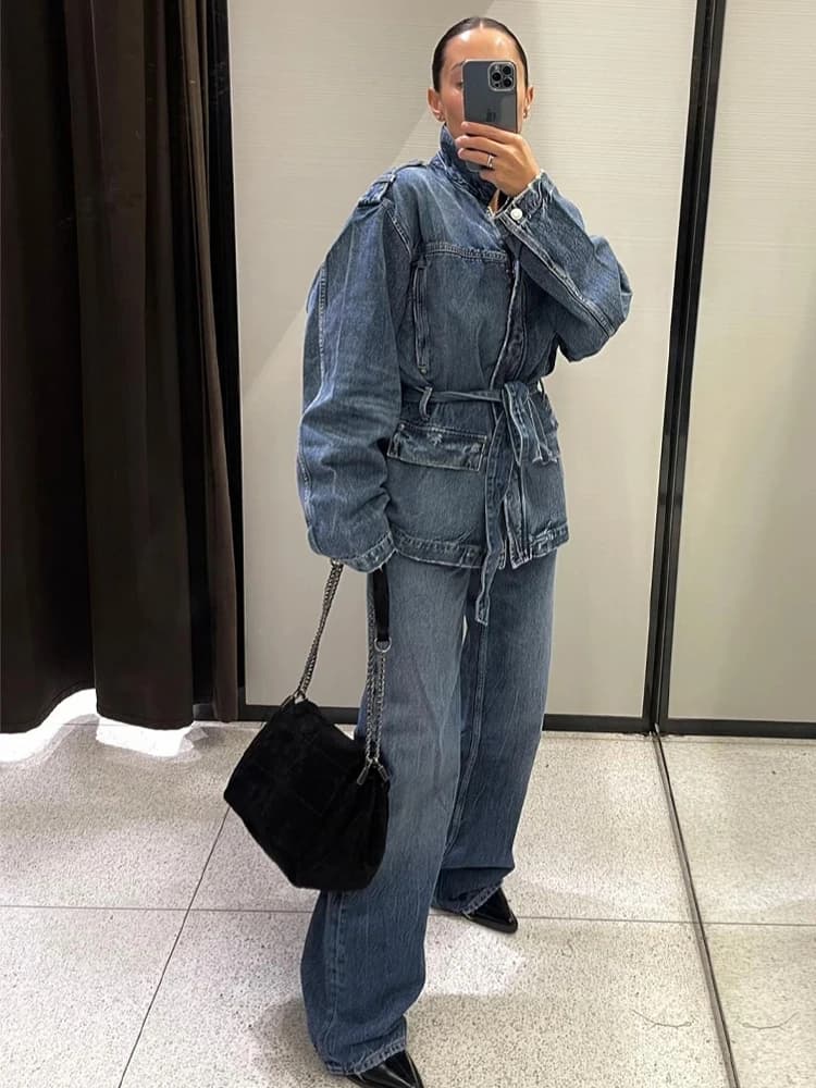 HH Women Denim Pant Sets Turn-Down Collar Long Sleeves Belt Autumn Coats+Pockets Loose High Waist Zipper Hemming Trousers