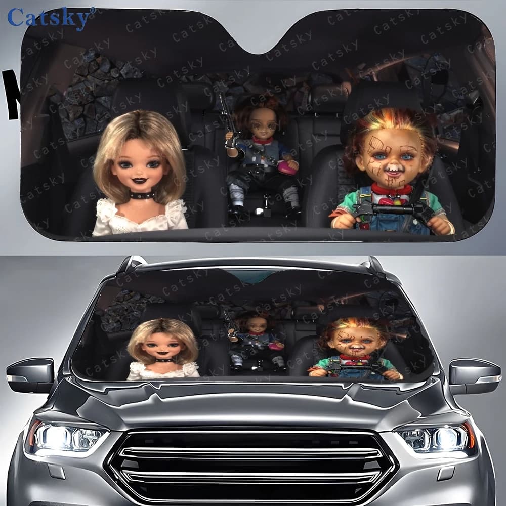 Parasole per auto con coppia di bambole sedute sul sedile posteriore, parasole per finestrino anteriore, copertura solare per auto.
