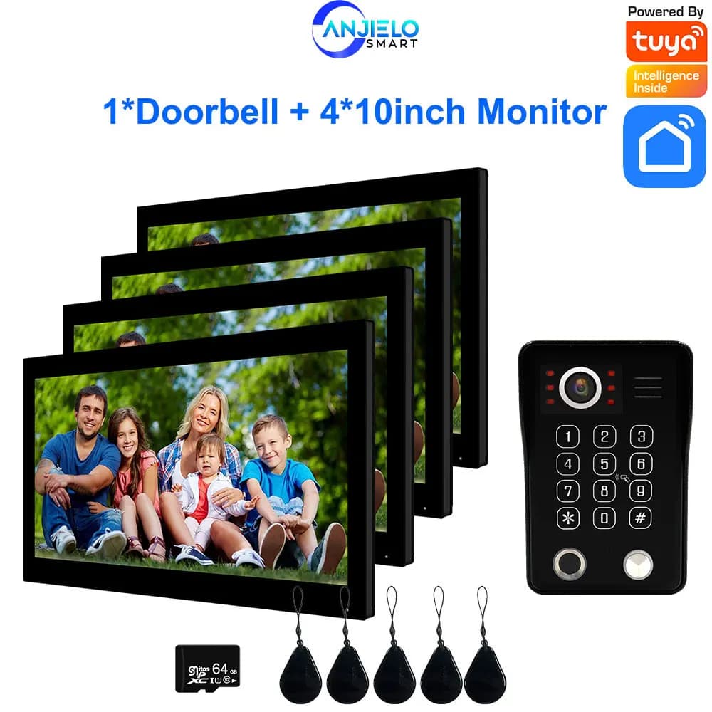 Anjielo Impronta Digitale 5in1 Sblocco Campanello Video Citofono per la Casa Touch Screen da 10 pollici 1080P Tuya Smart Video Citofono 4 Monitor