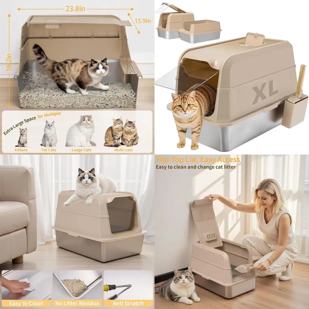 Lettiera per Gatti in Metallo Extra Large Chiusa con Bordi Alti, Coperchio, Controllo Odori, Facile da Pulire (Kaki)