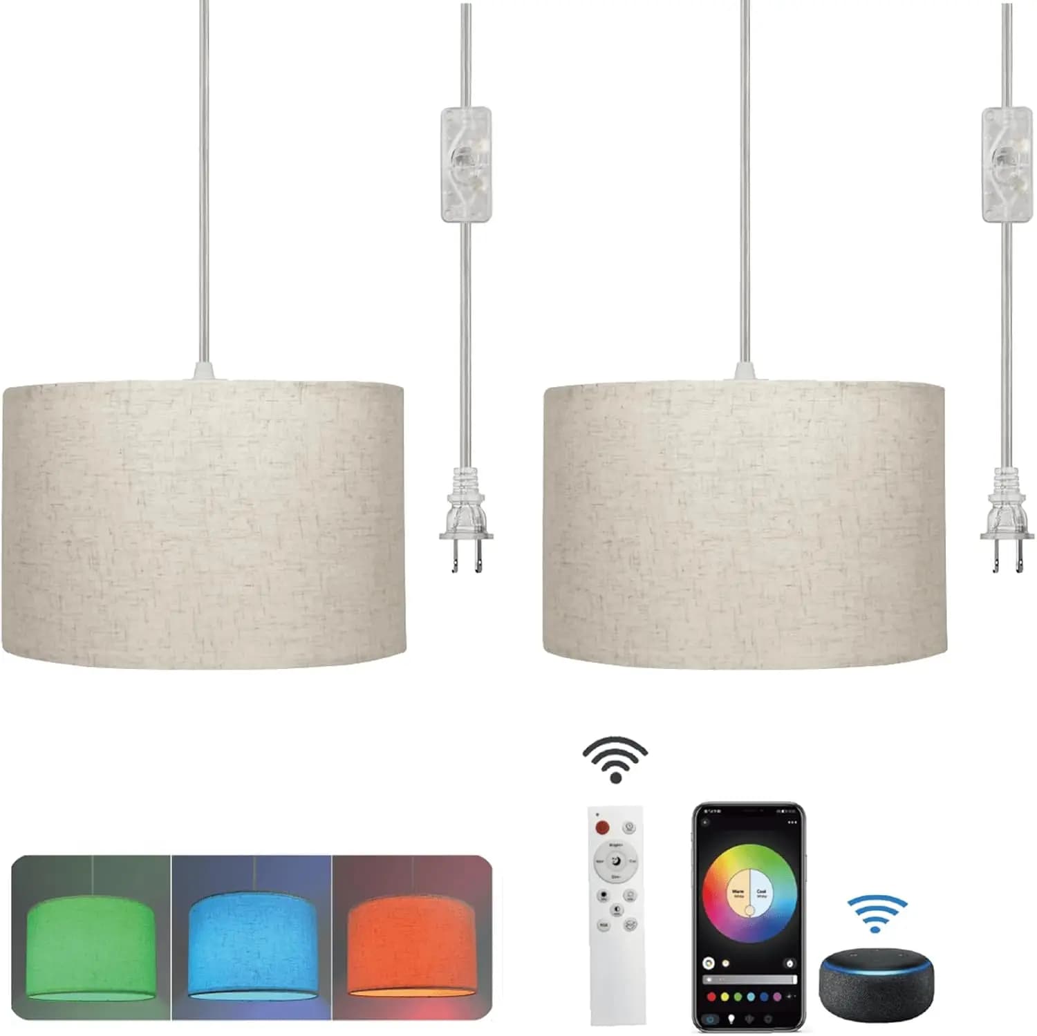 Lampada a Sospensione Plug-in (Confezione da 2) con Telecomando, Cavo da 4,5m, Paralume in Lino Beige, Lampadina Smart Dimmerabile