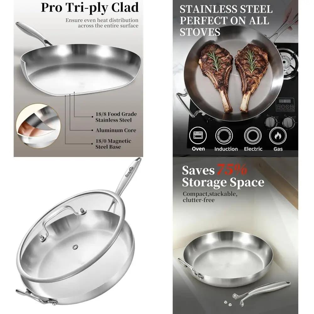 14 inch triple layer stainless steel pan with removable cover and handle - Suitable for induction, oven and dishwasher, perfect