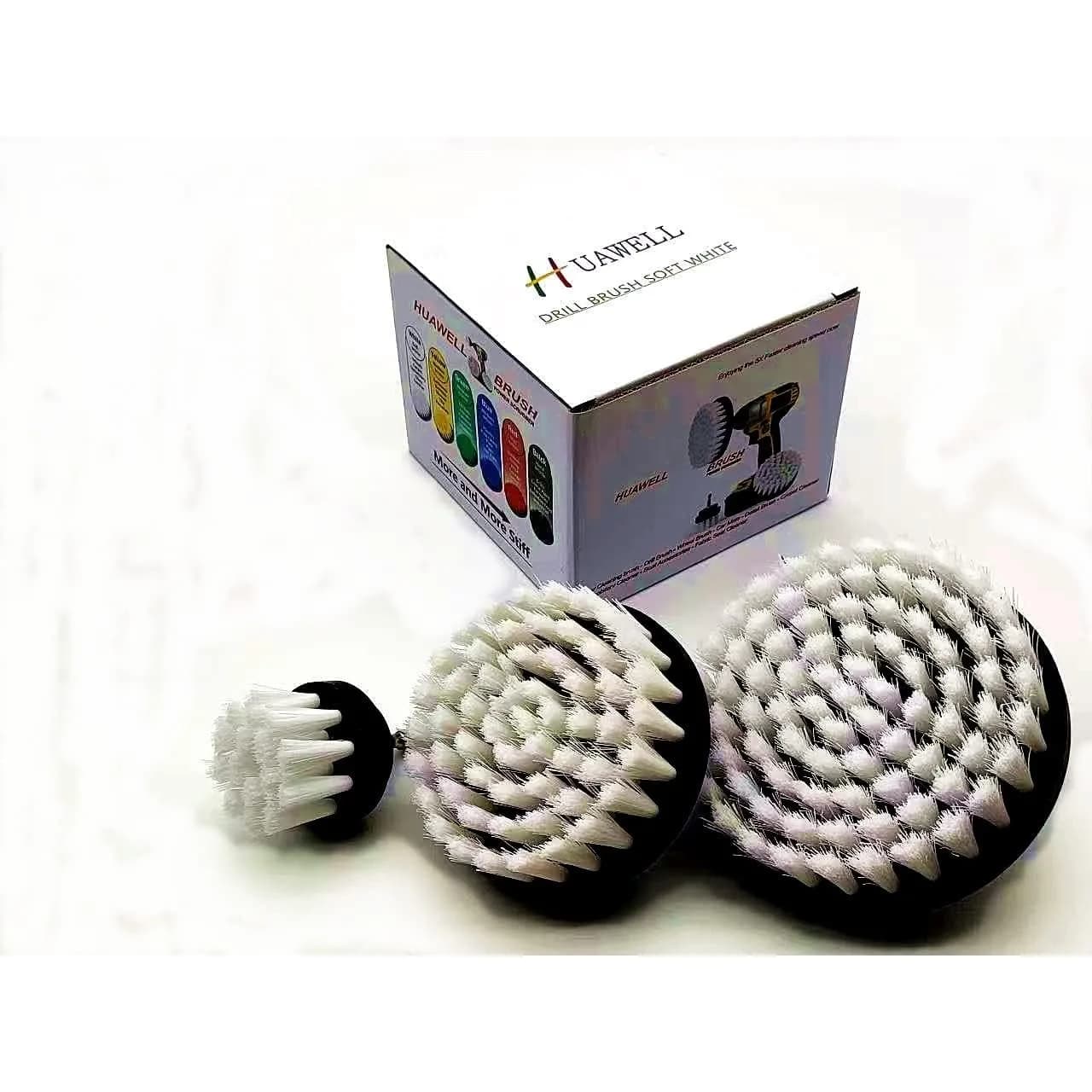 Set di spazzole per trapano, confezione da 3, setole morbide in nylon bianco per la pulizia di tappeti, tappezzeria e pelle, con asta a cambio rapido