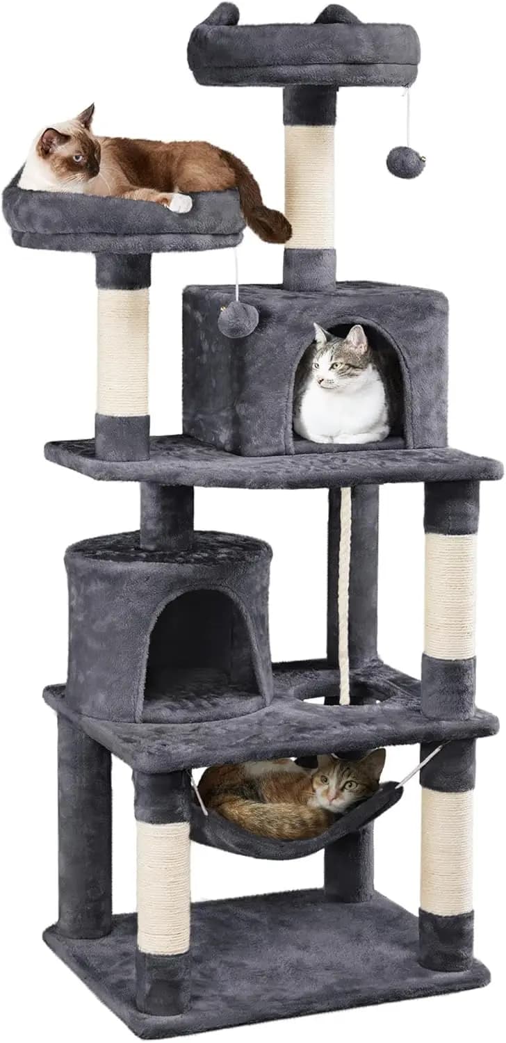 Torre per Gatti da 62,5 Pollici con Amaca, Tiragraffi e Posti di Riposo in Peluche per Gioco e Relax Indoor in Grigio Scuro