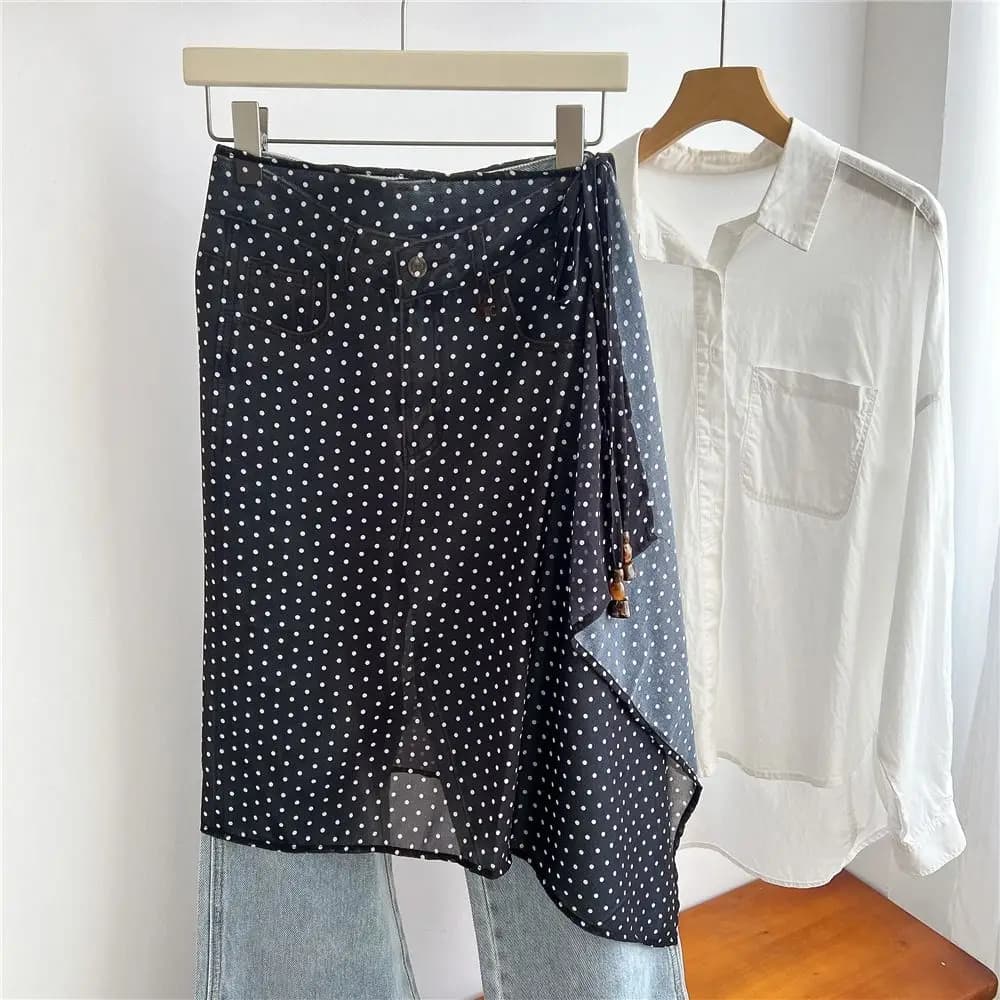 Gonna midi a vita alta in pizzo con spacco laterale irregolare, trasparente a pois, stile Y2K Streetwear Harajuku