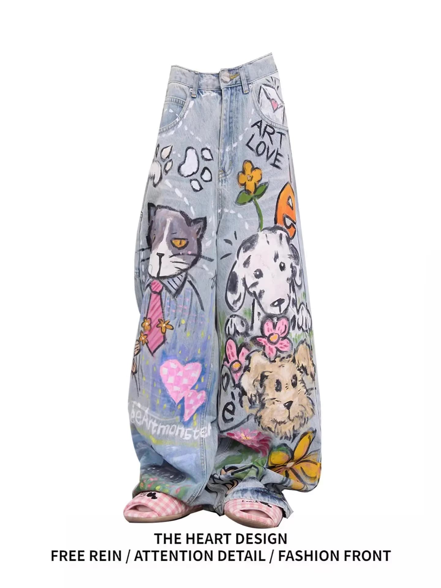 Jeans stampati Doodle Stile casual americano Vintage Taglio dritto Pantaloni larghi a gamba larga High-street Y2k Jeans larghi da donna