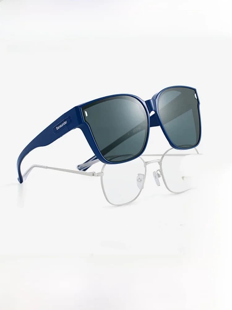 Occhiali da sole polarizzati stile foglia di banana per uomo e donna, occhiali da guida per esterni con clip per montatura inclusa, adatti per ipoacusici.
