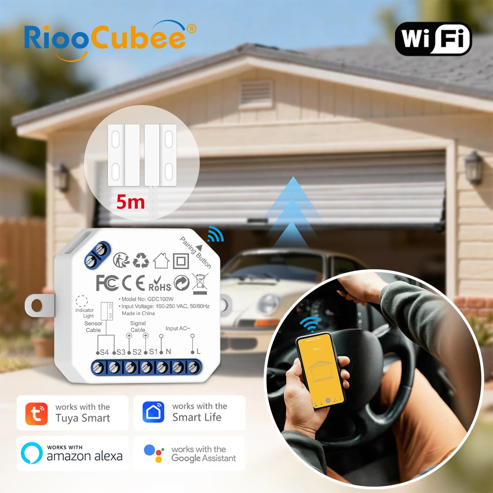 RiooCubee Tuya Smart Life Apriporta per Garage con Braccio Articolato, Sistema di Protezione e Sicurezza, Controllo Vocale tramite Google Home