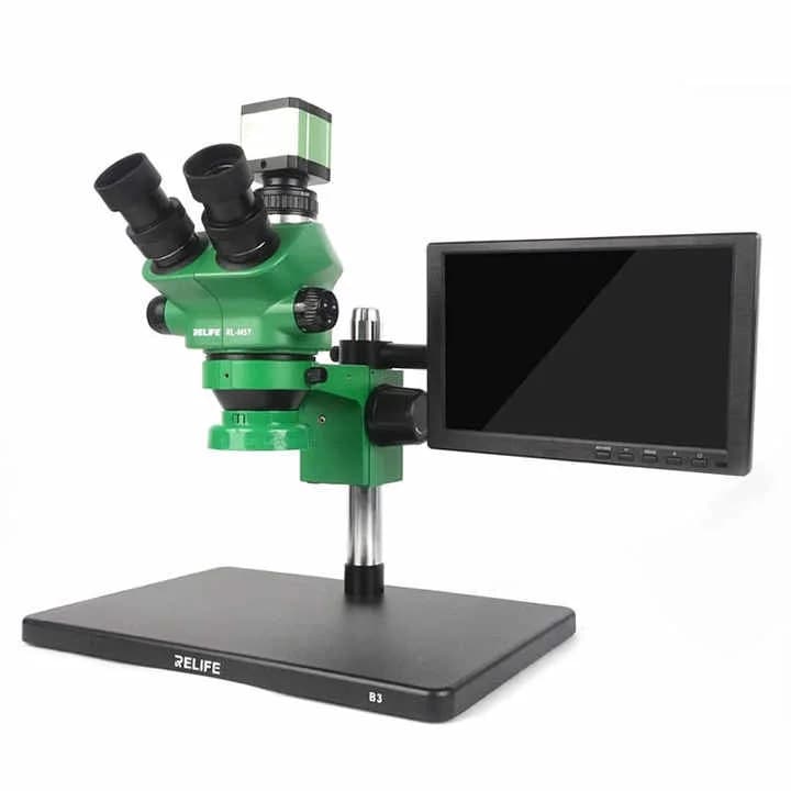 RELIFE RL-M5T-B3 Microscopio stereo trinoculare + sorgente luminosa RL-033D + adattatore 0,5 CV + telecamera HD MC1 4K per riparazione PCB del telefono cellulare